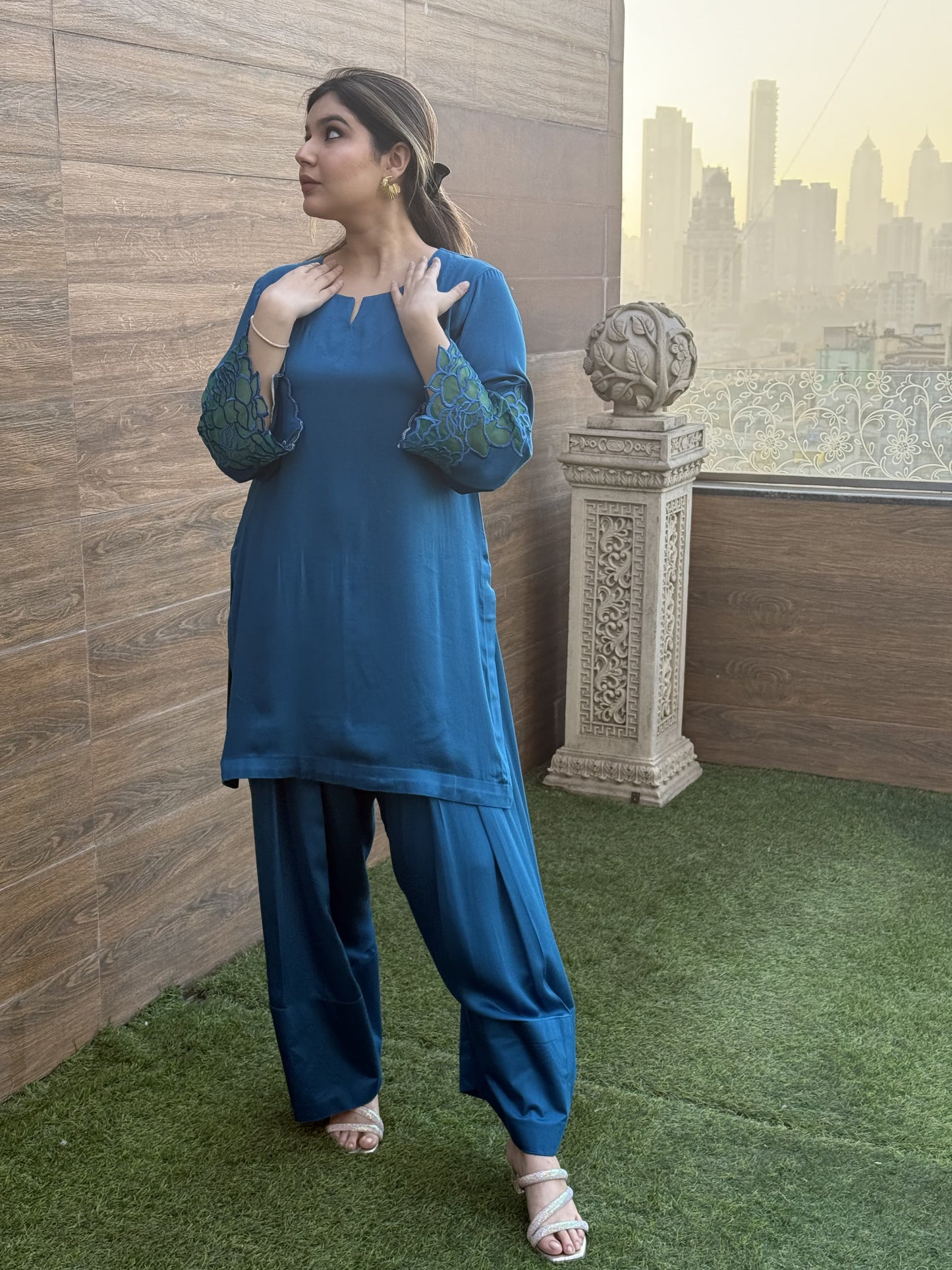 Satin Silk Short Kurta & Farsi Salwar Set and Dupatta