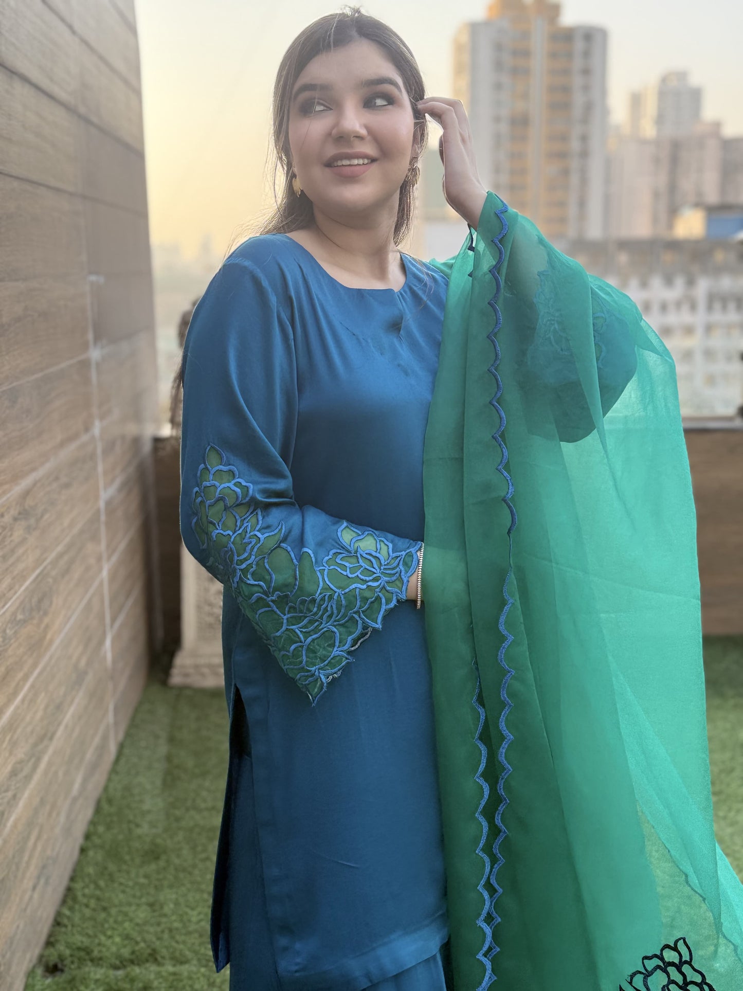 Satin Silk Short Kurta & Farsi Salwar Set and Dupatta