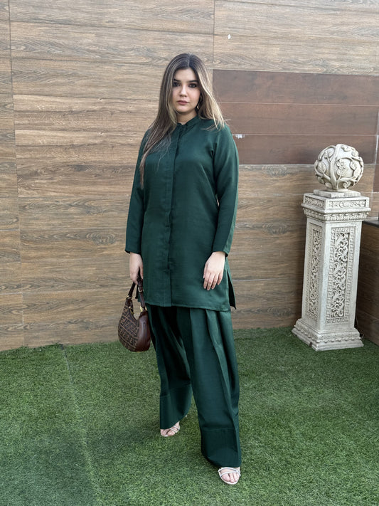 Short Shirt style kurta with farsi salwar and Dupatta (Bottle Green)