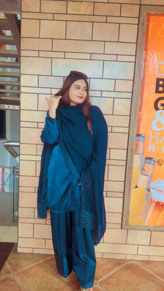 Short Shirt style kurta with farsi salwar and Dupatta- Blue