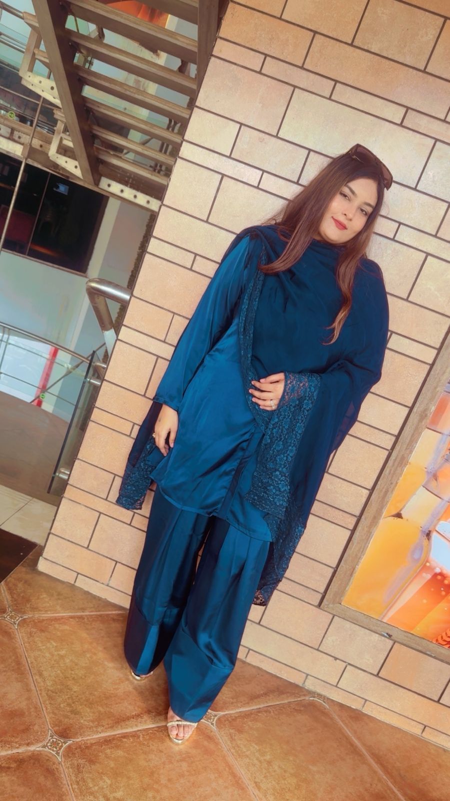 Short Shirt style kurta with farsi salwar and Dupatta- Blue