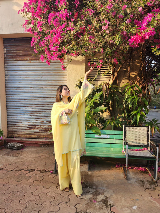 Embroidered Short kurta with Farsi salwar and dupatta