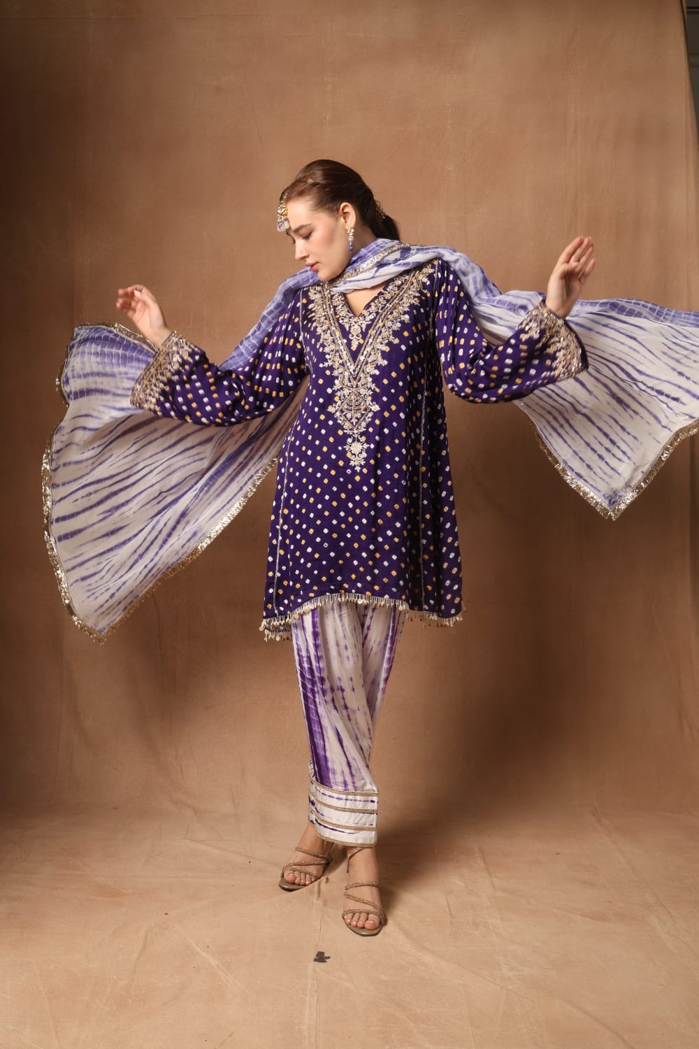 Purple Bandhni Choga set