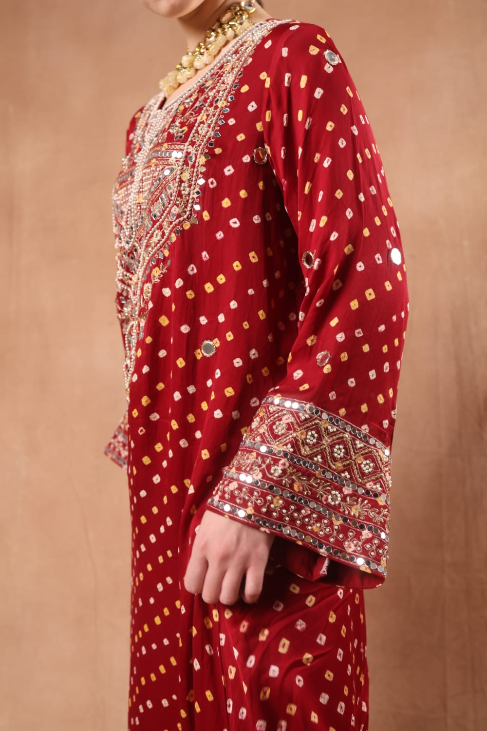 Red Bandhni Kaftan with Small Slits