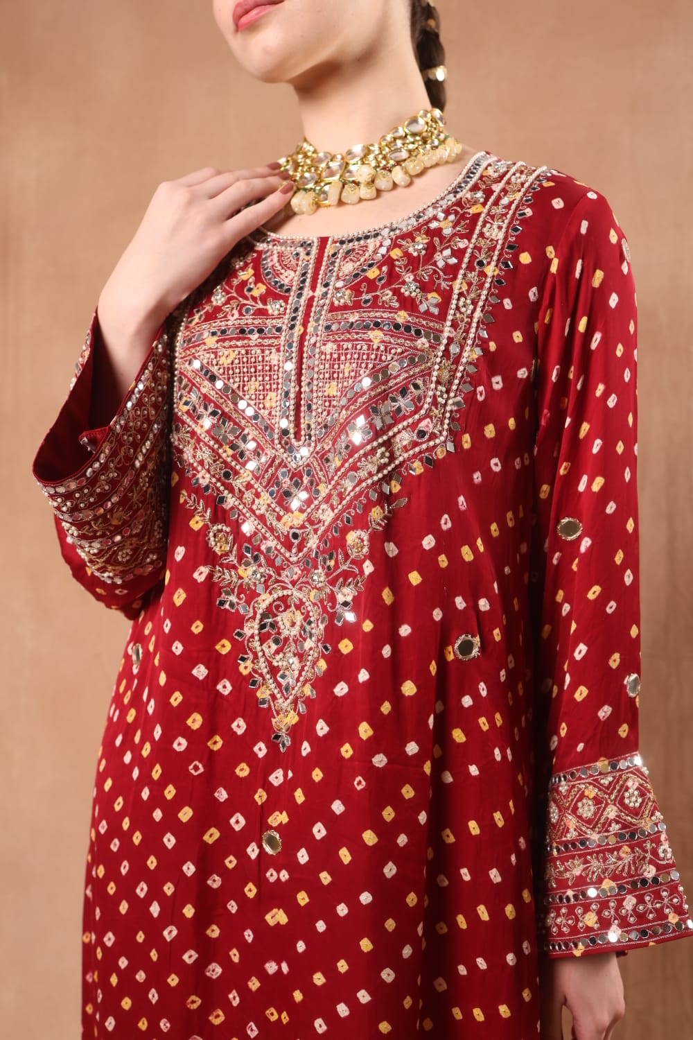 Red Bandhni Kaftan with Small Slits