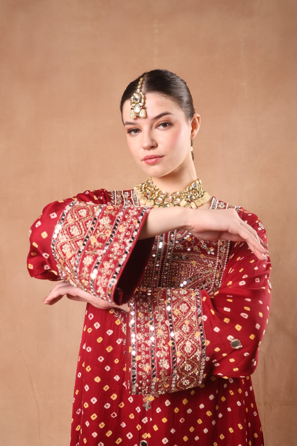 Red Bandhni Kaftan with Small Slits