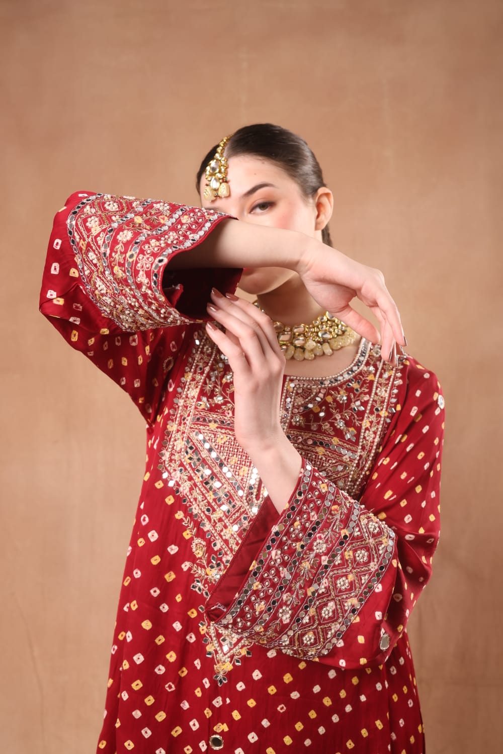 Red Bandhni Kaftan with Small Slits