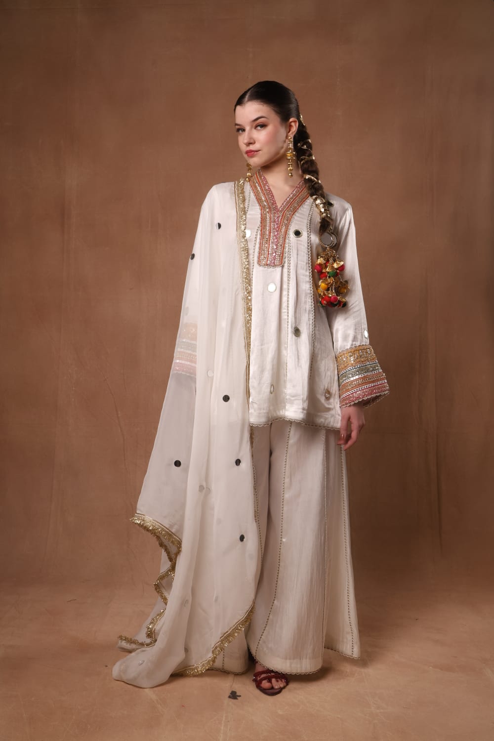 Kalidar off white Short Kurta with Kalidar Plazzo and Dupatta