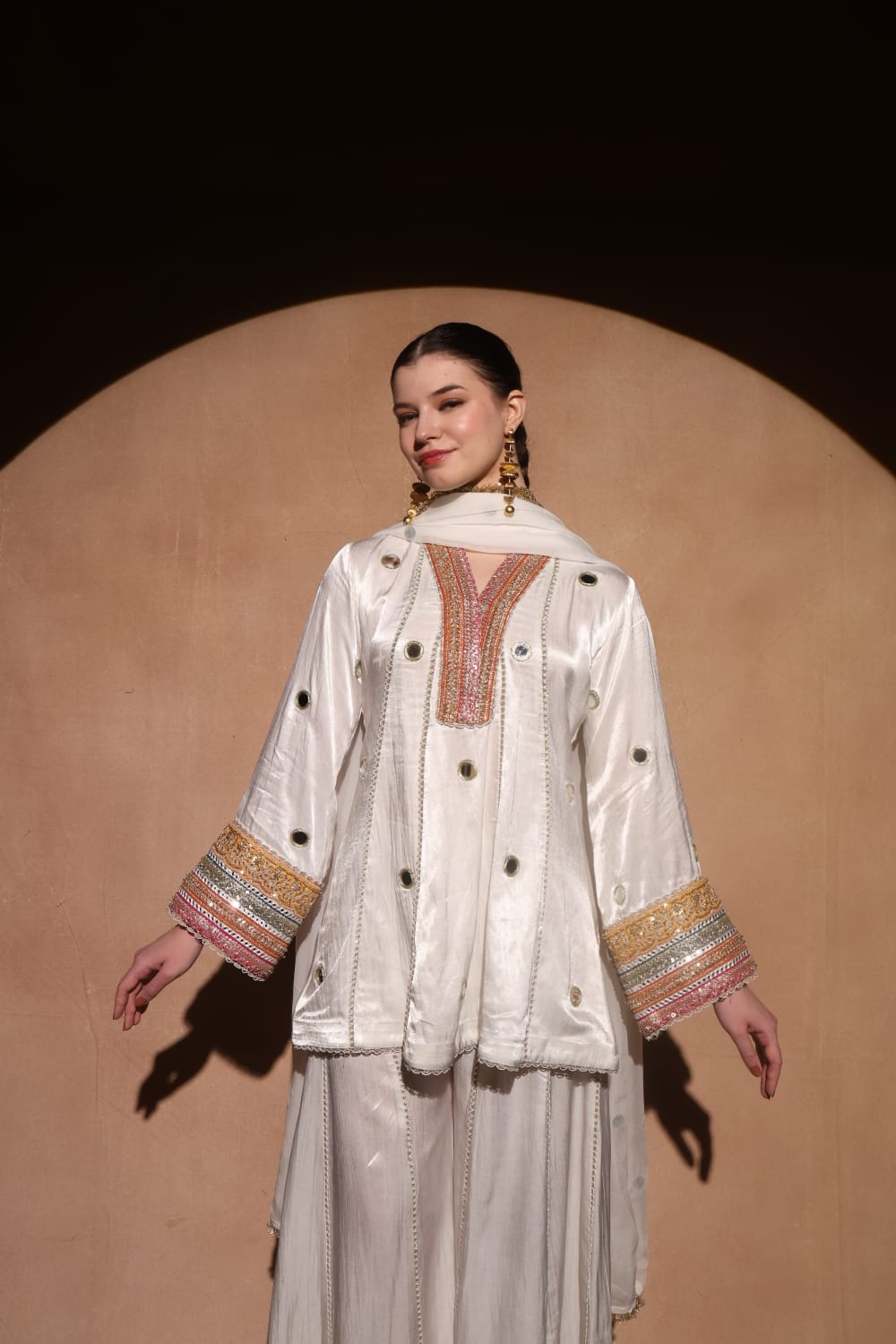 Kalidar off white Short Kurta with Kalidar Plazzo and Dupatta