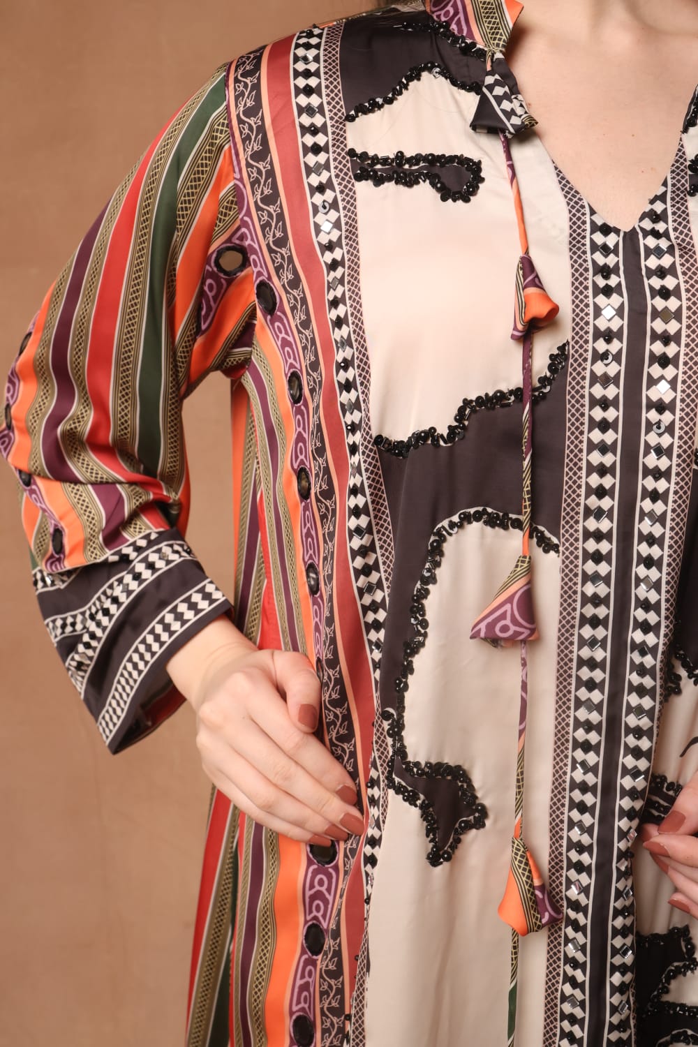 Silk printed kaftan with colourful stripes