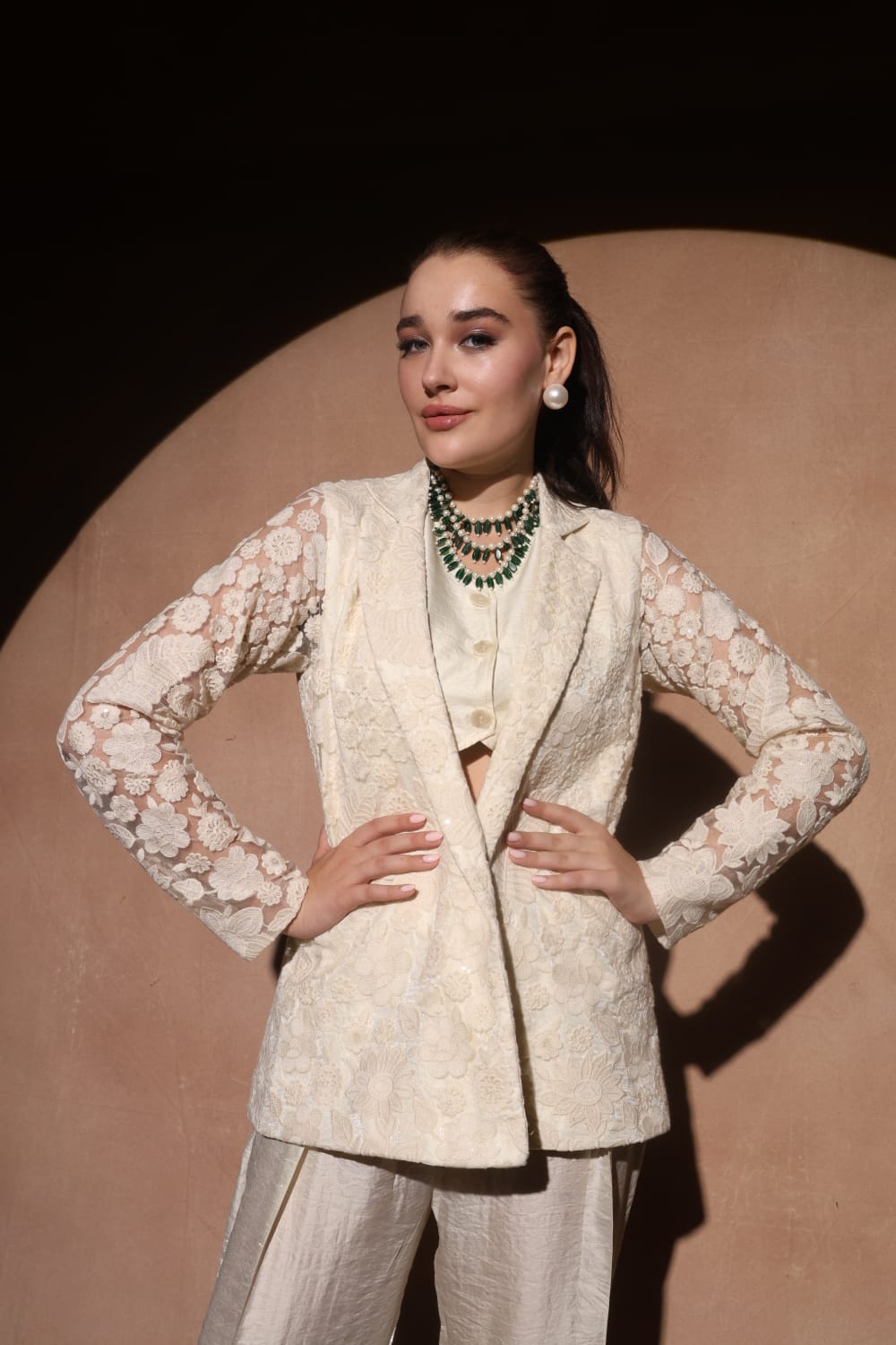 Blazer Set with Bell Bottom in Self-Thread & Sequin Work