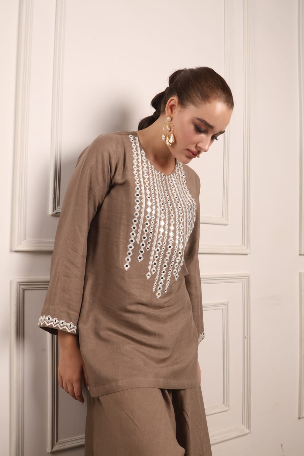Mirror work short kurta with pleated pants