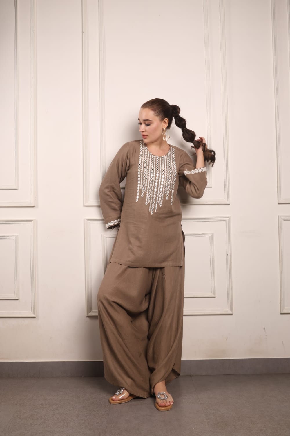 Mirror work short kurta with pleated pants