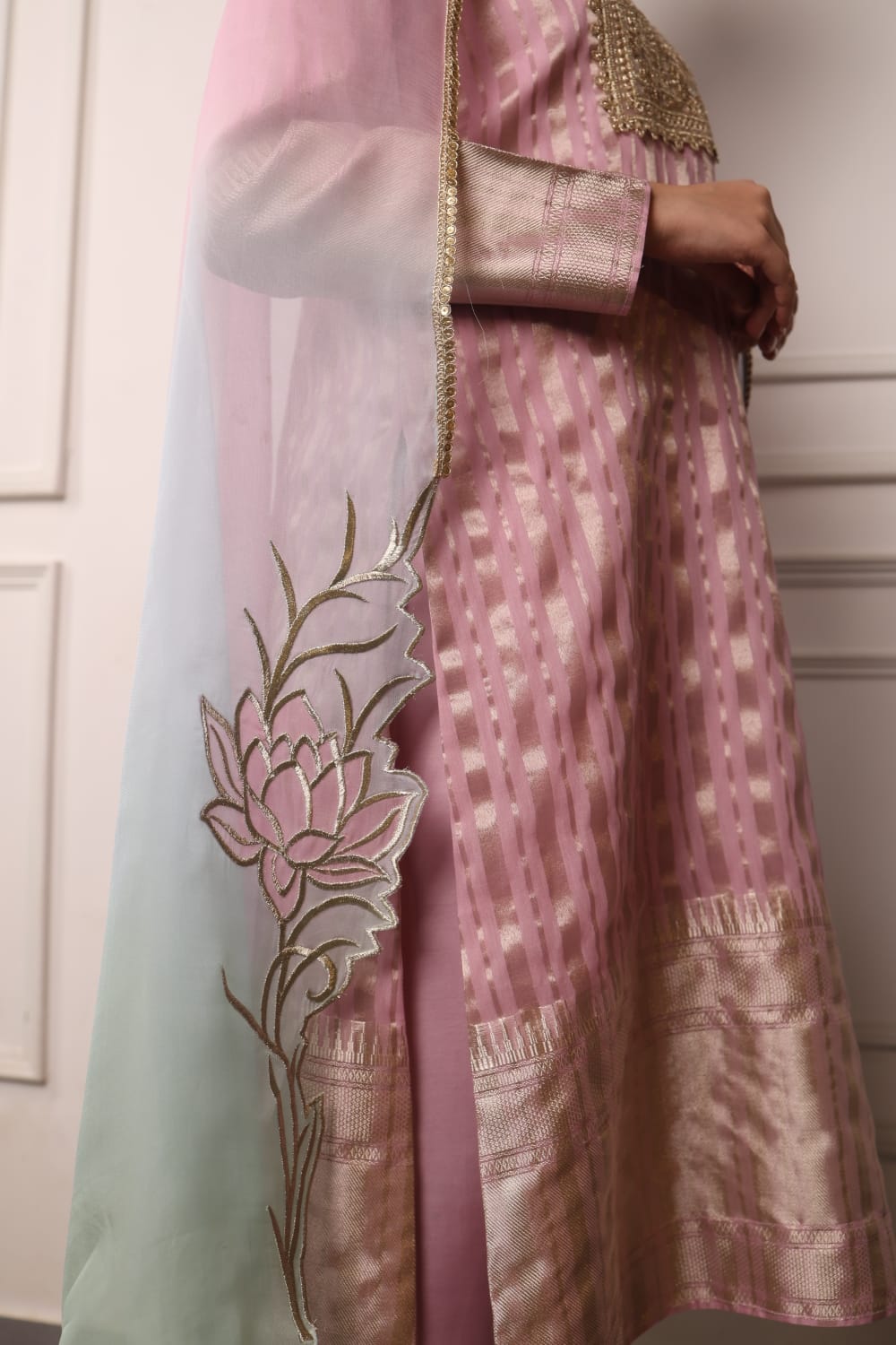 Nude Pink Long Kurta with Straight Pants and Dupatta