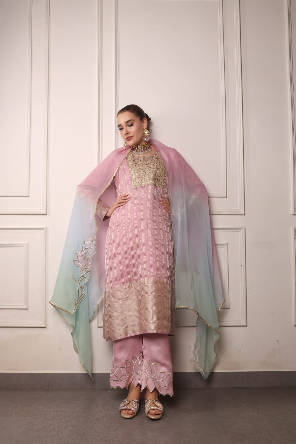 Nude Pink Long Kurta with Straight Pants and Dupatta