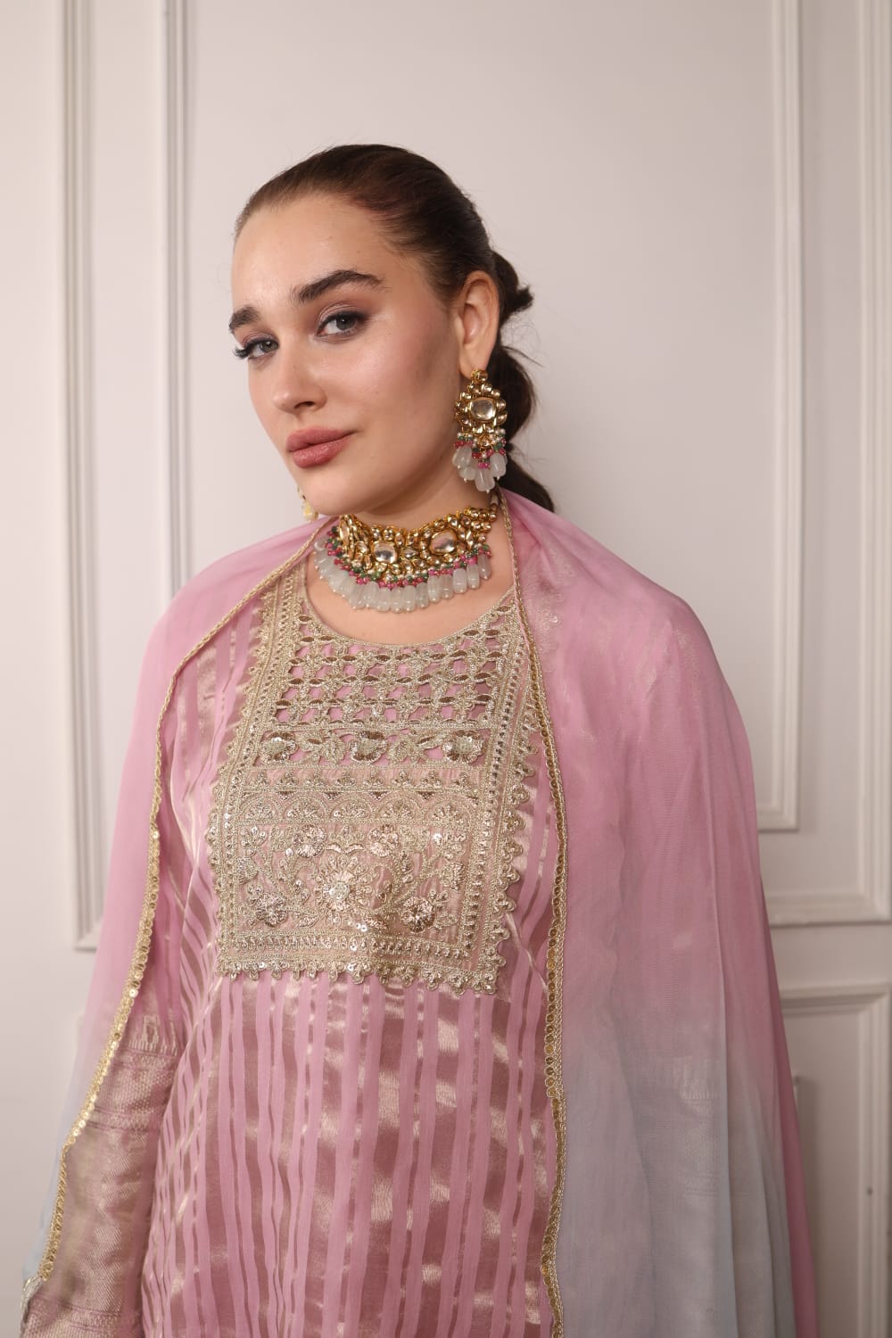 Nude Pink Long Kurta with Straight Pants and Dupatta