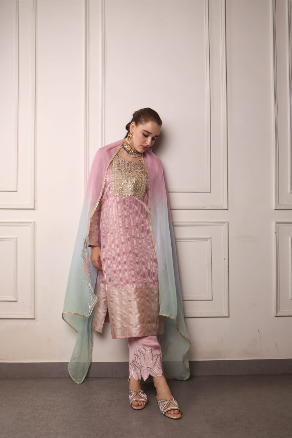 Nude Pink Long Kurta with Straight Pants and Dupatta
