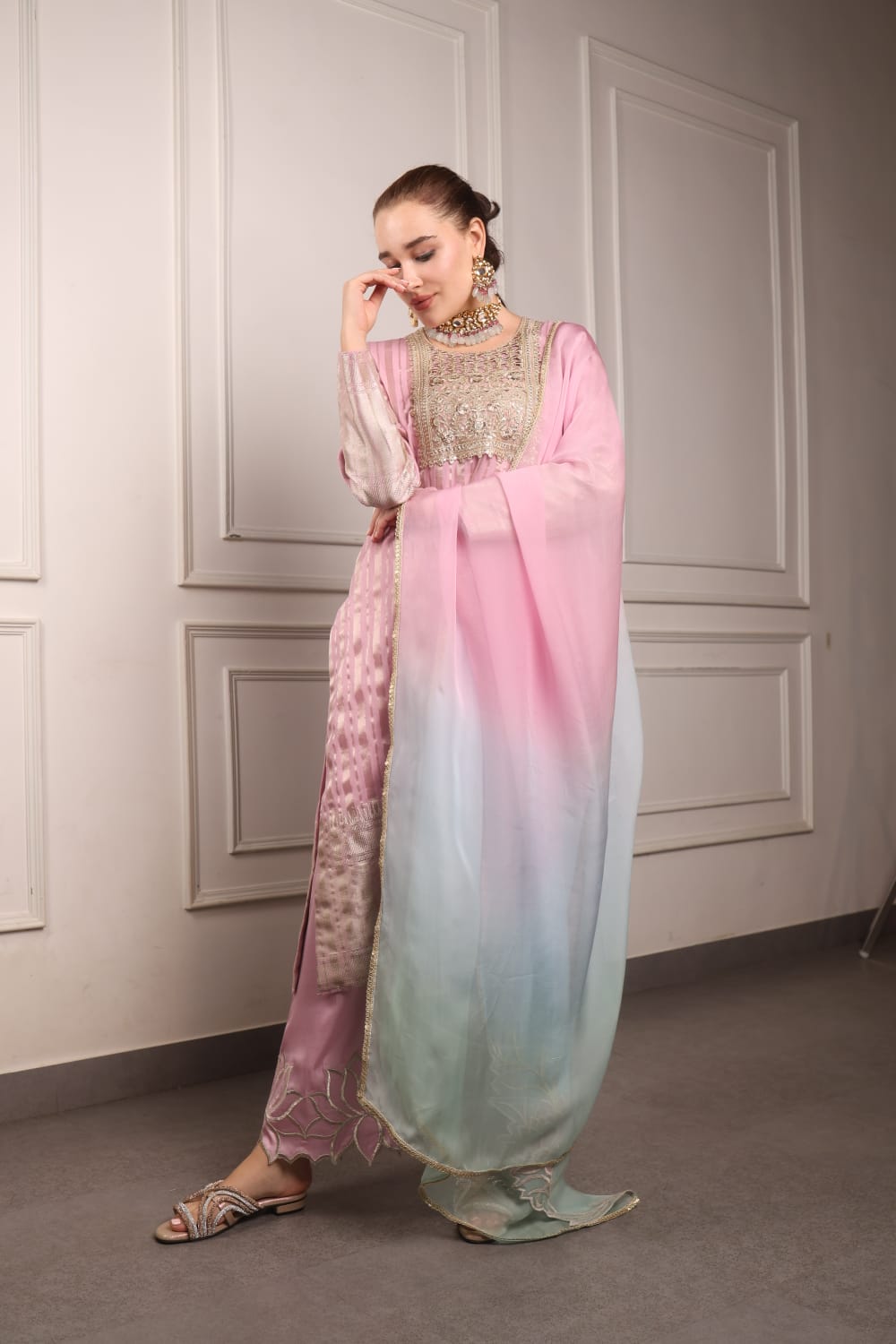 Nude Pink Long Kurta with Straight Pants and Dupatta