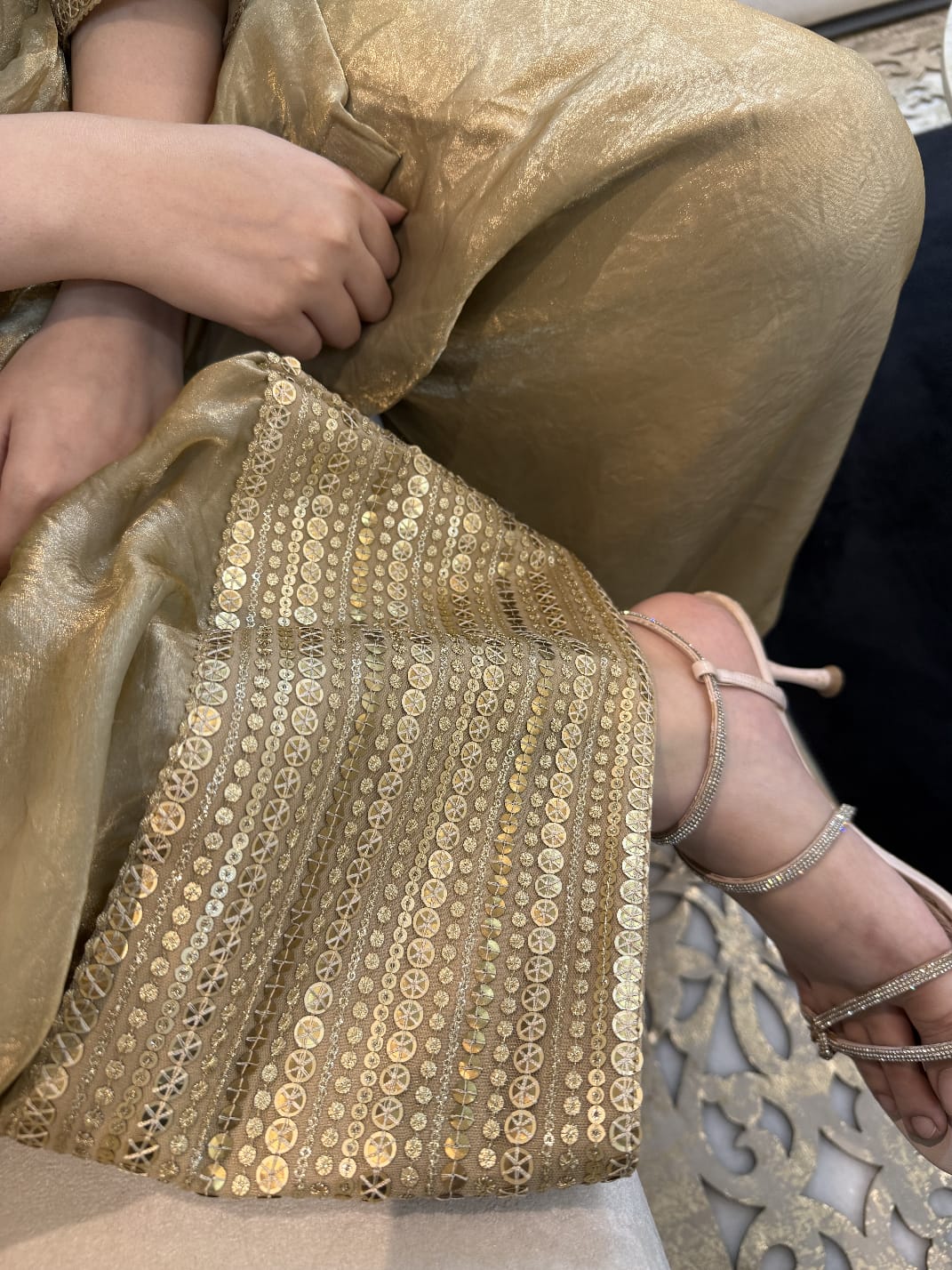 Embellished Short Top & Farsi Salwar Set with Sequin & Coin Detailing