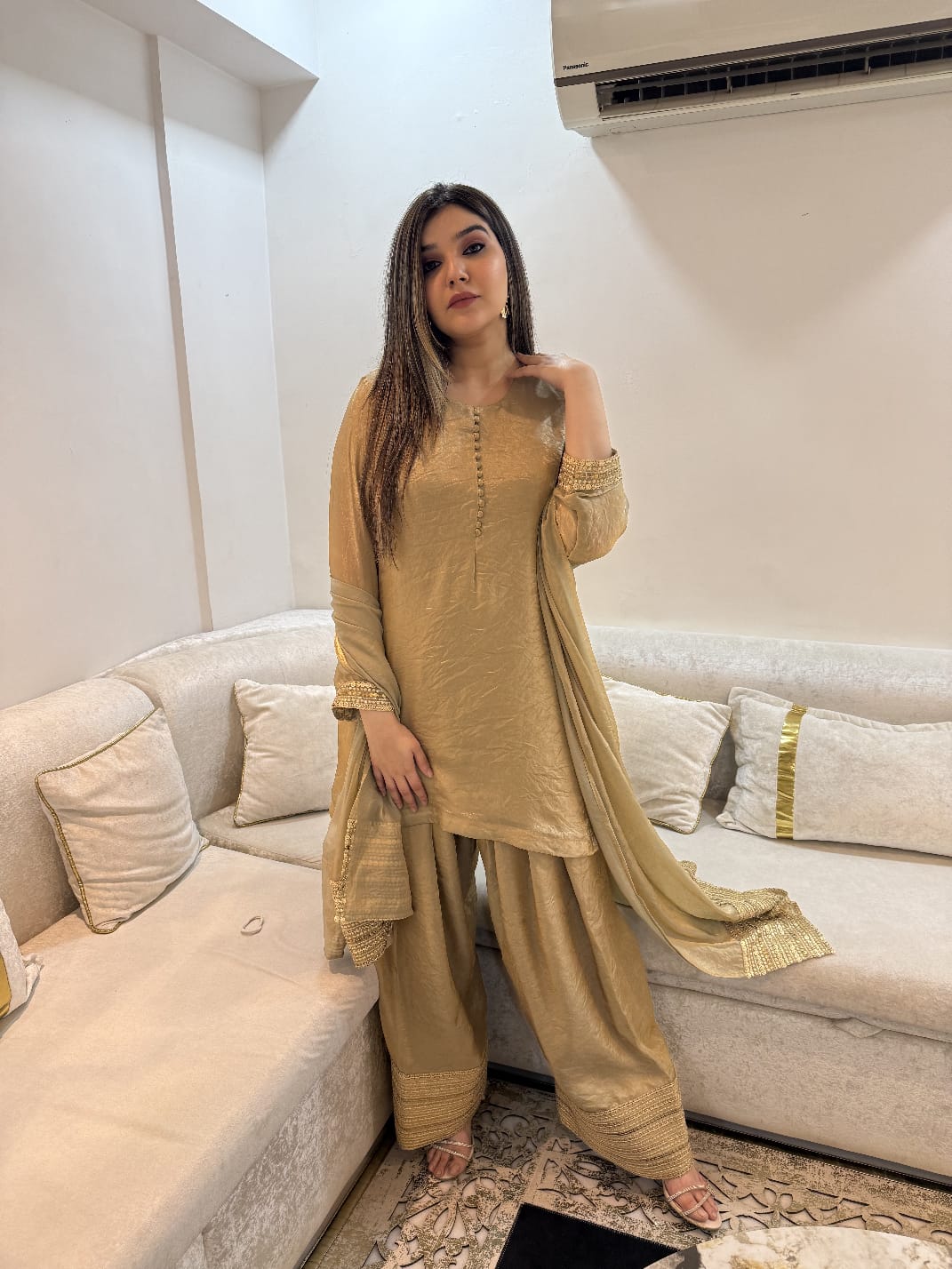 Embellished Short Top & Farsi Salwar Set with Sequin & Coin Detailing