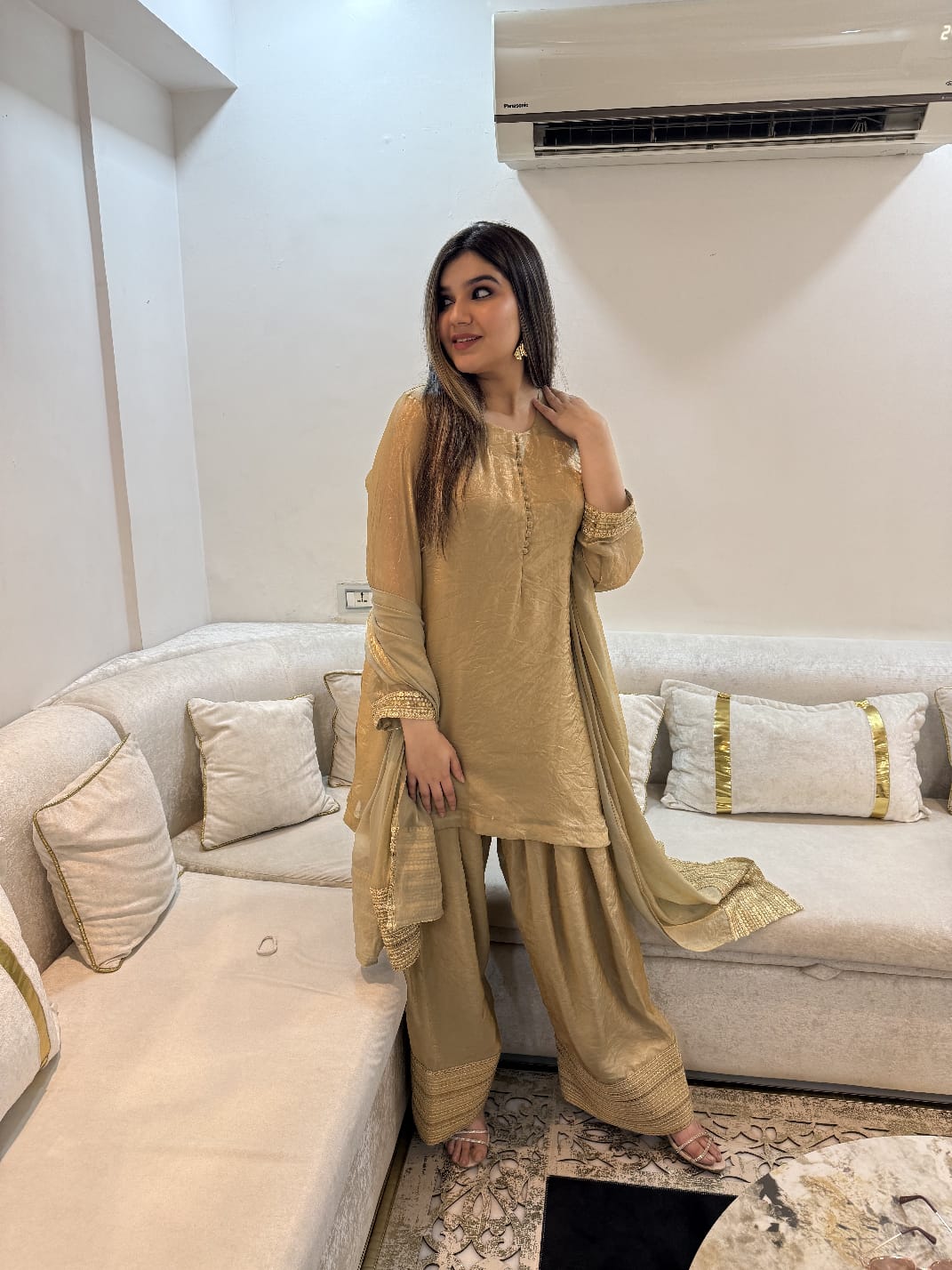 Embellished Short Top & Farsi Salwar Set with Sequin & Coin Detailing