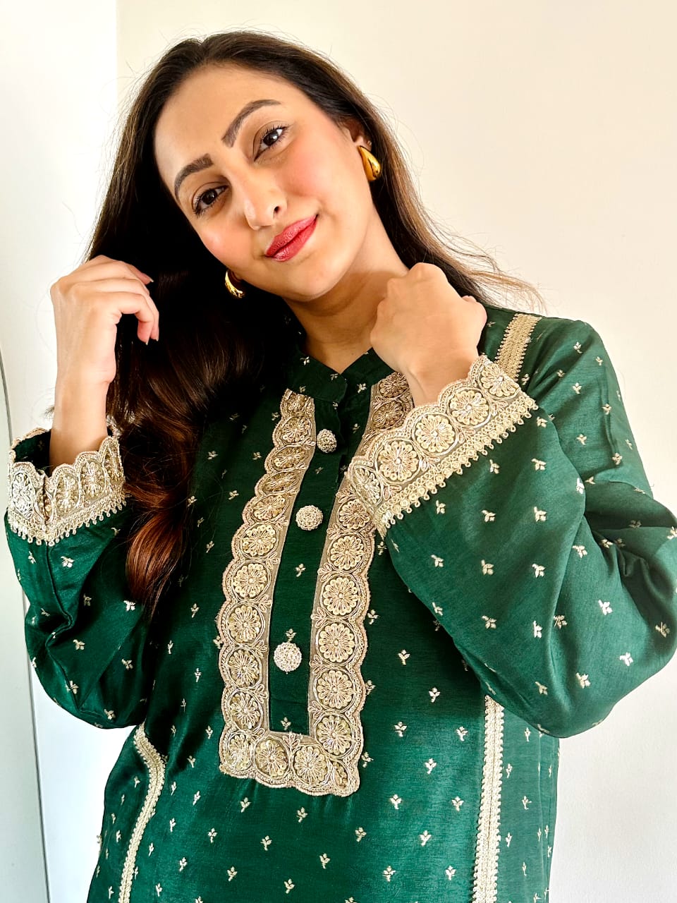 HOOR~ Long top with slits and flare pant Coord set (Green)