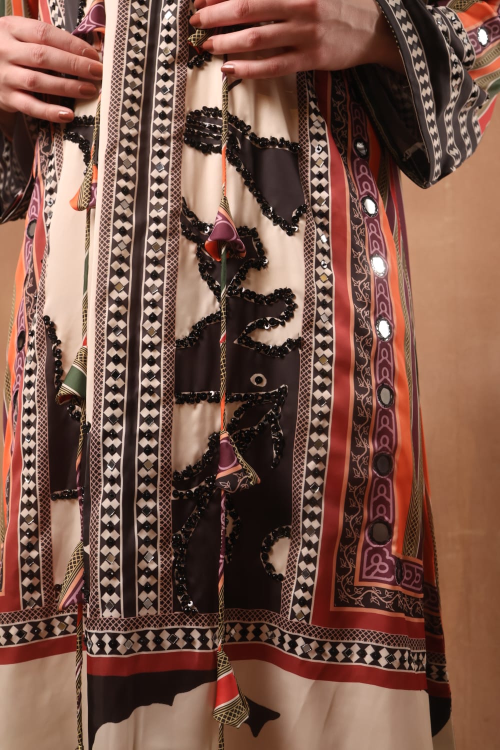Silk printed kaftan with colourful stripes