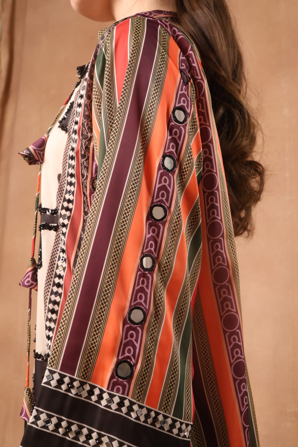 Silk printed kaftan with colourful stripes