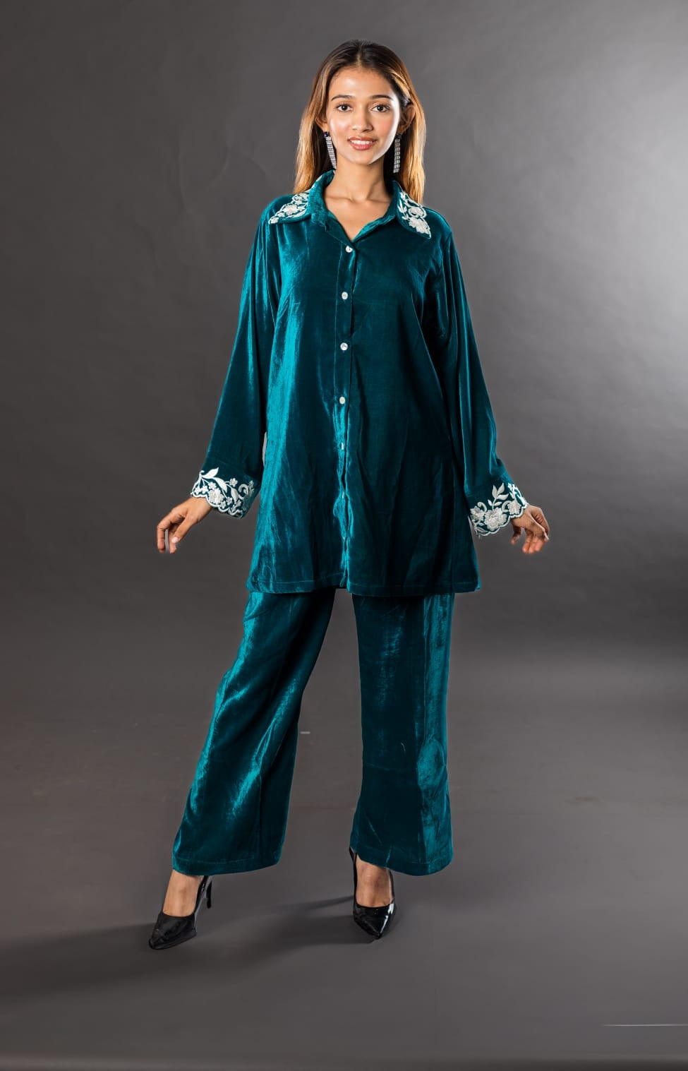 Velvet co ord set with embroidery in the cuff and colar