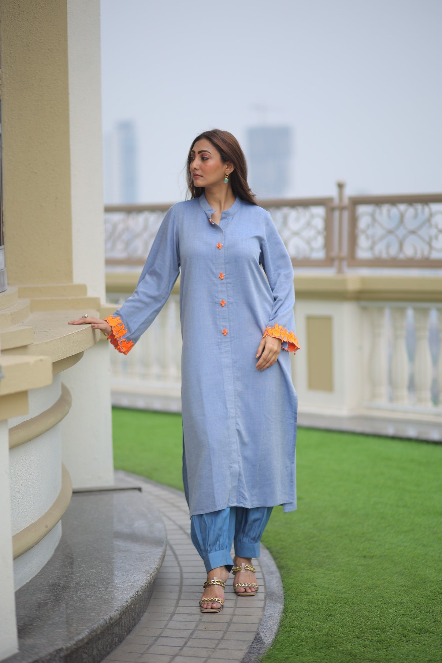 Stand Colar Neck Kurti Embroiderd Sleeves Kurti (Only Kurti)