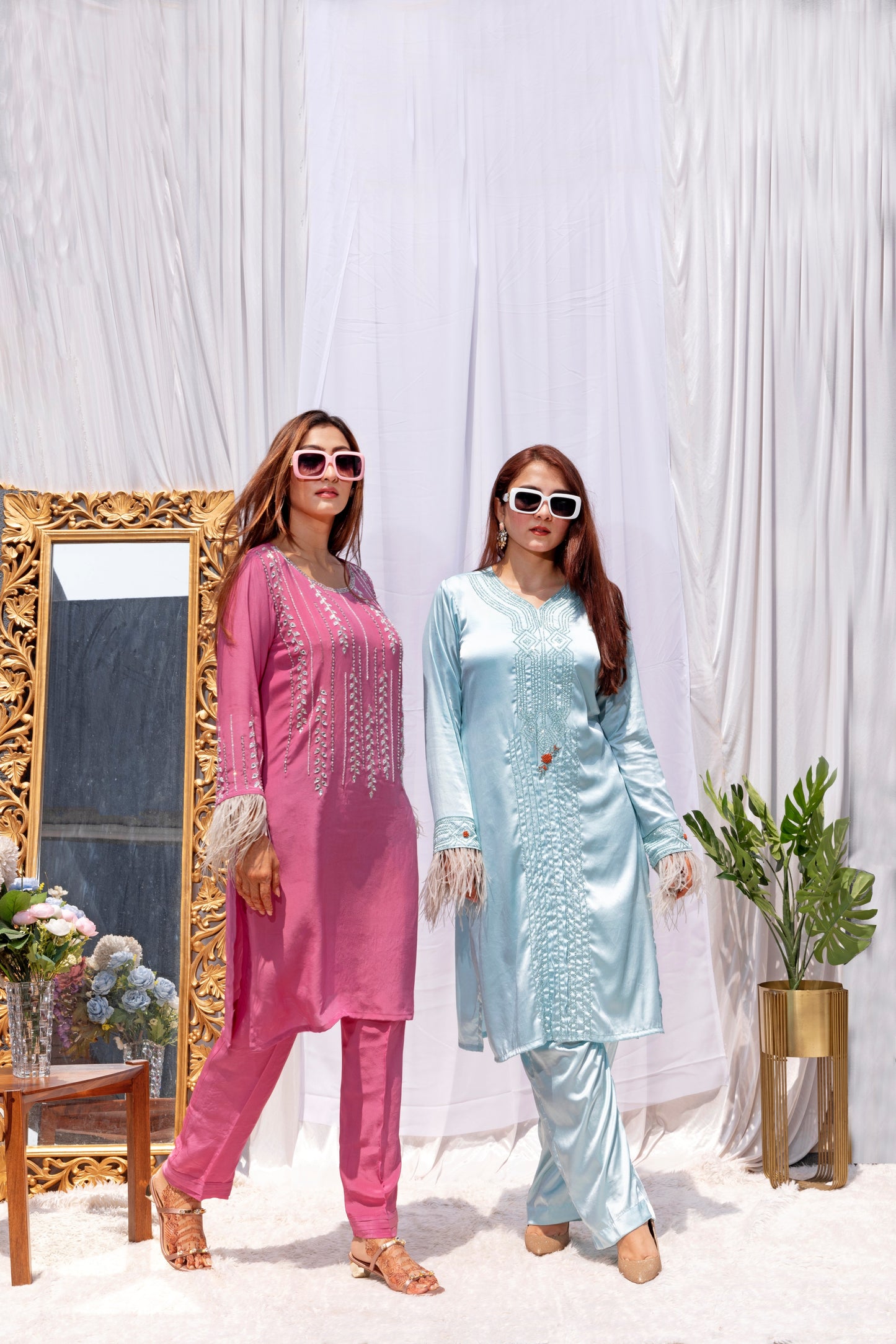 Round neck kurti with Hand embroidery fur on the sleeves straight pants organza dupattah