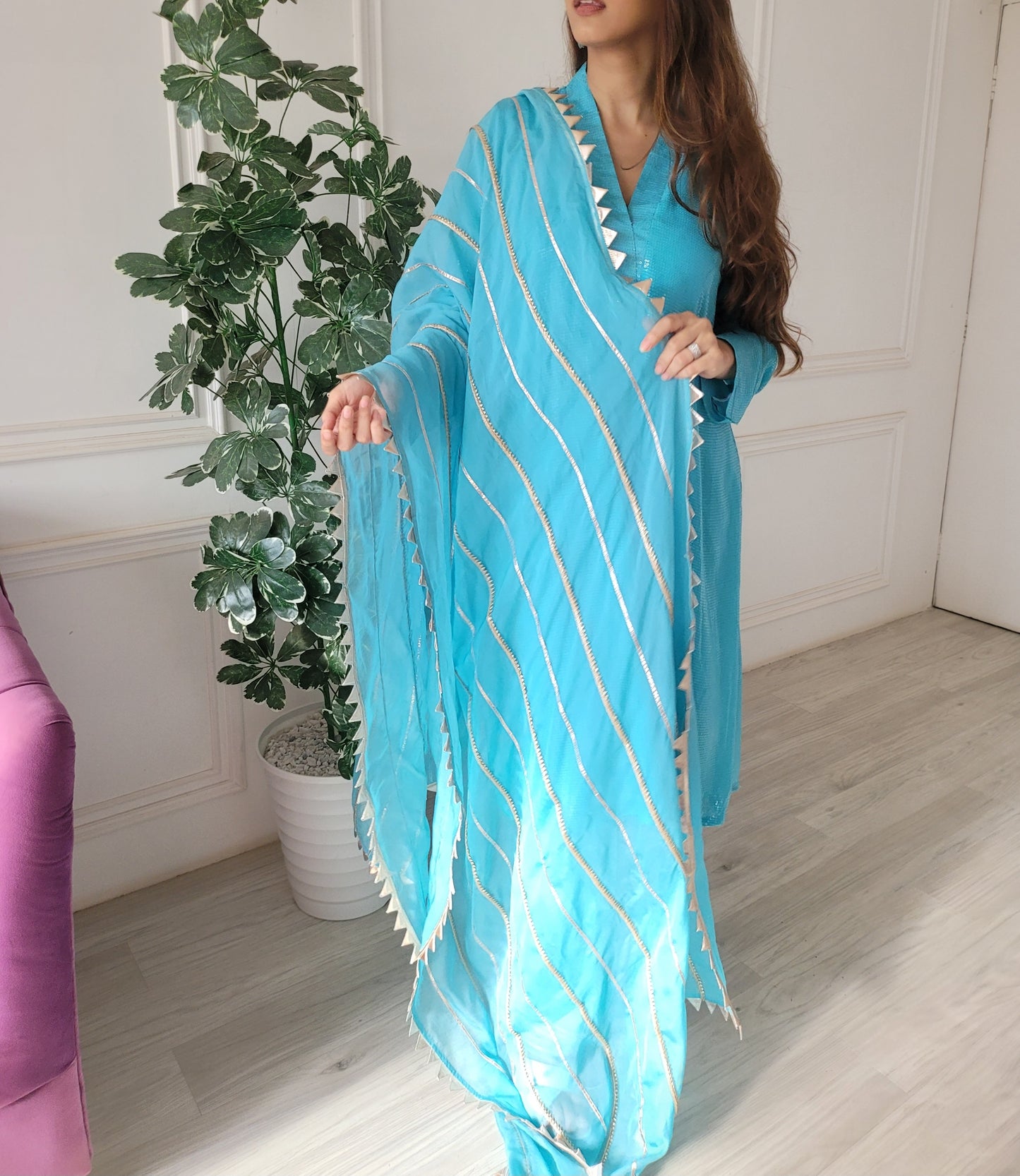 Long Sequence kurti with pants and organza silk dupattah with gotta work