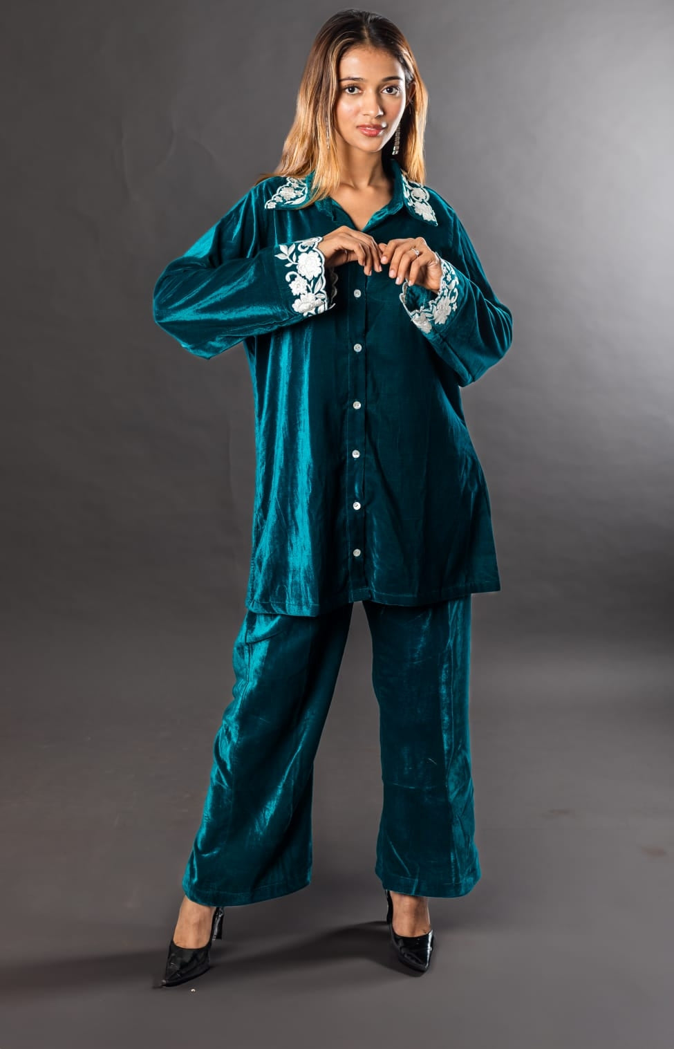 Velvet co ord set with embroidery in the cuff and colar
