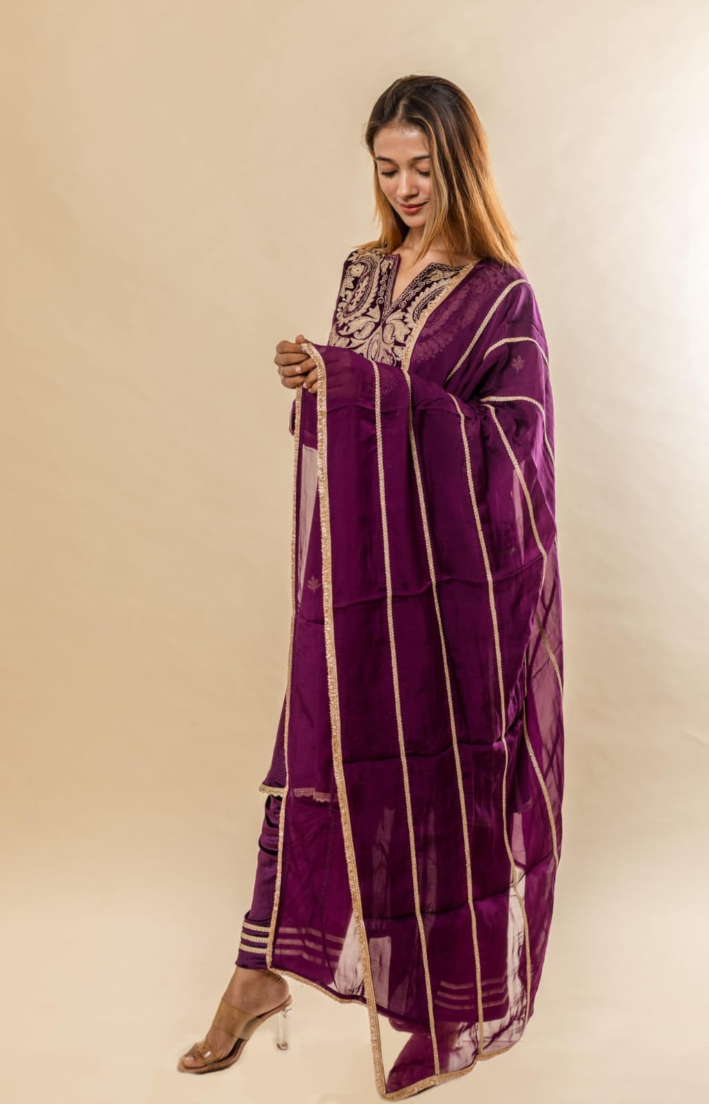 Kurta with gold aari work along with straight pants and organza silk dupattah