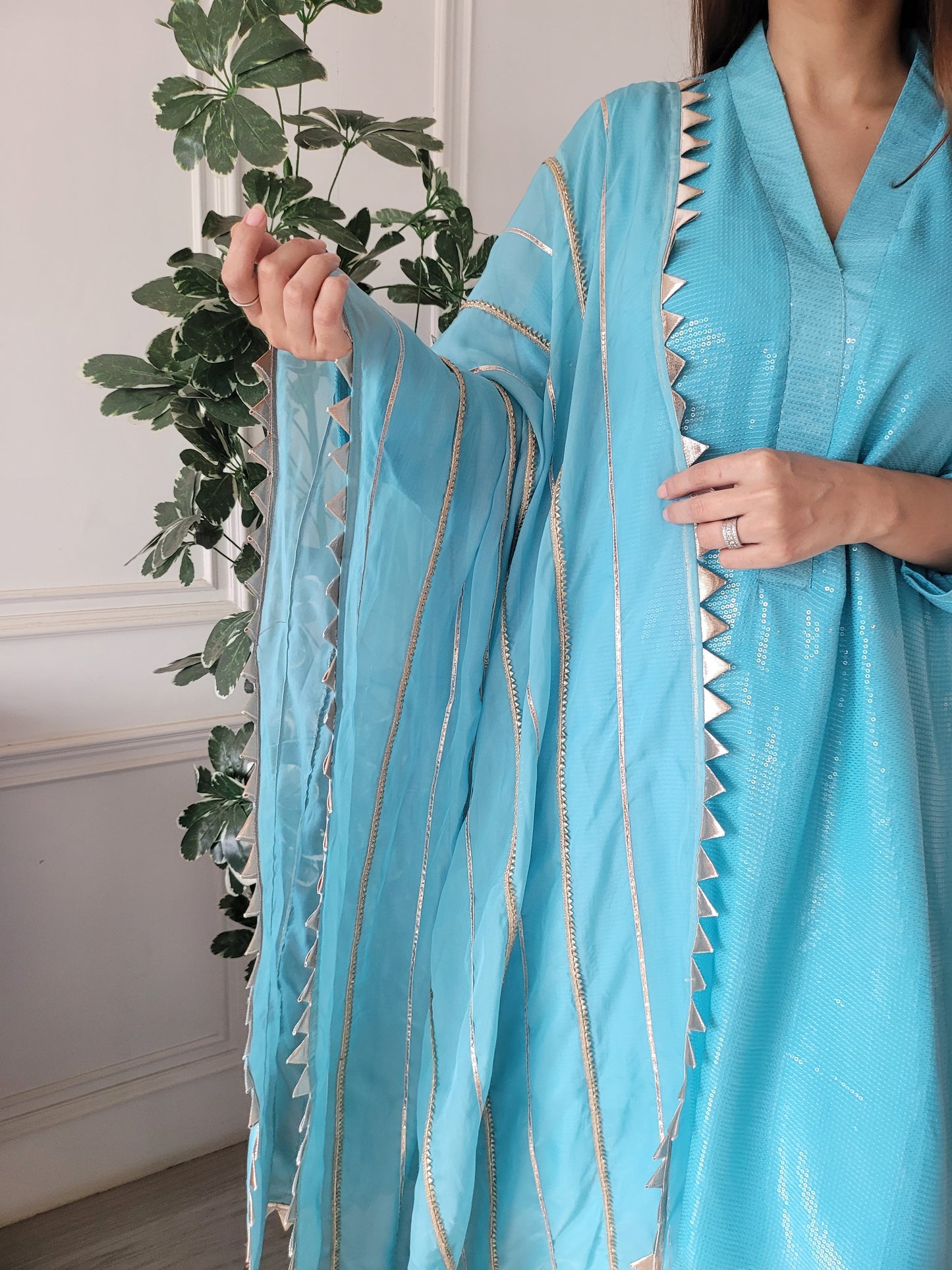 Long Sequence kurti with pants and organza silk dupattah with gotta work