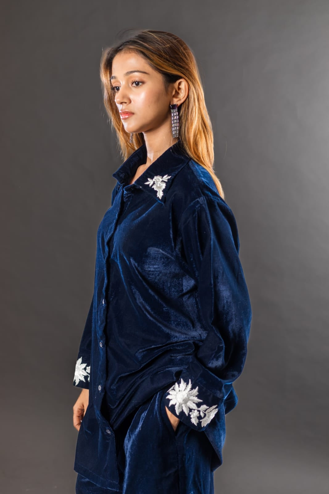 Velvet co ord set with embroidery in the cuff and colar