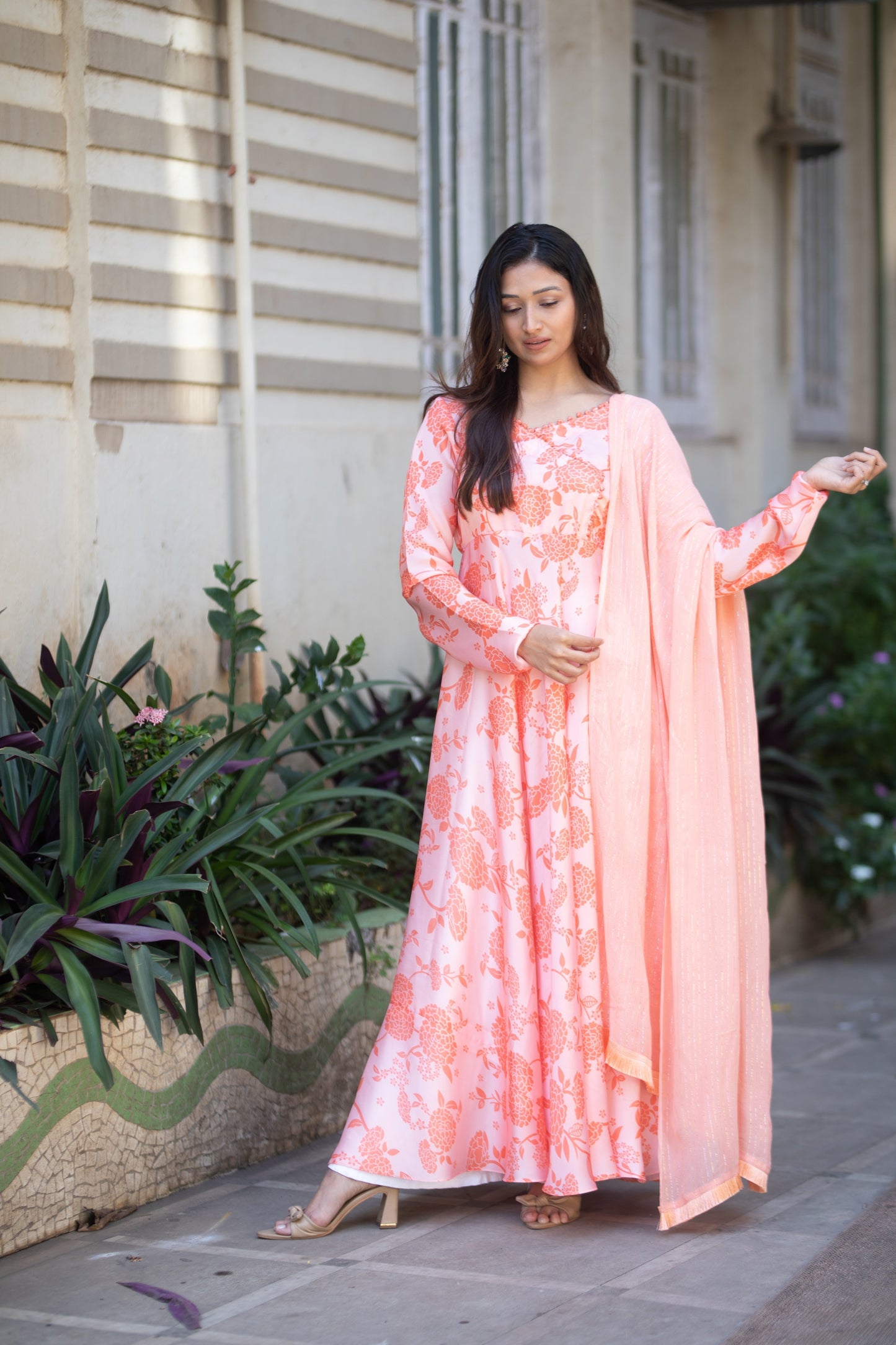 Peach and floral Anarkali
