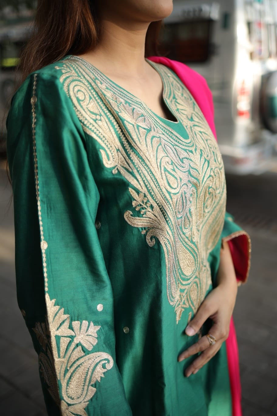 kurta with aari work brocade salwar and organza dupatta