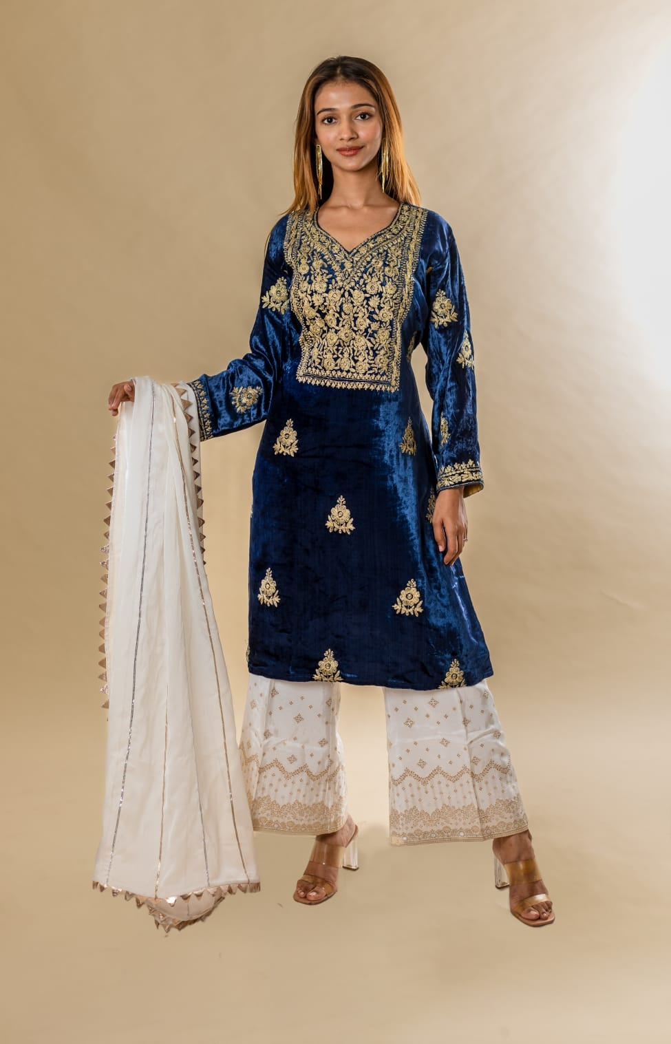 Straight Kurta with white and Gold brocade pants and organza silk dupattah with gotta work
