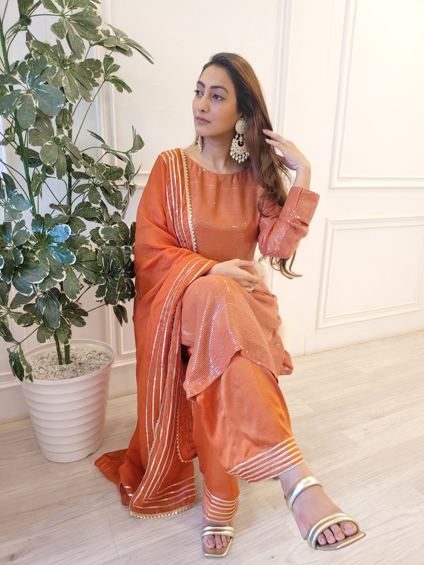 Long Sequence kurti with pants and organza silk dupattah with gotta work