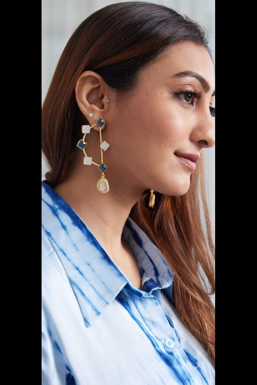 The D Earrings (White & Blue Stones)