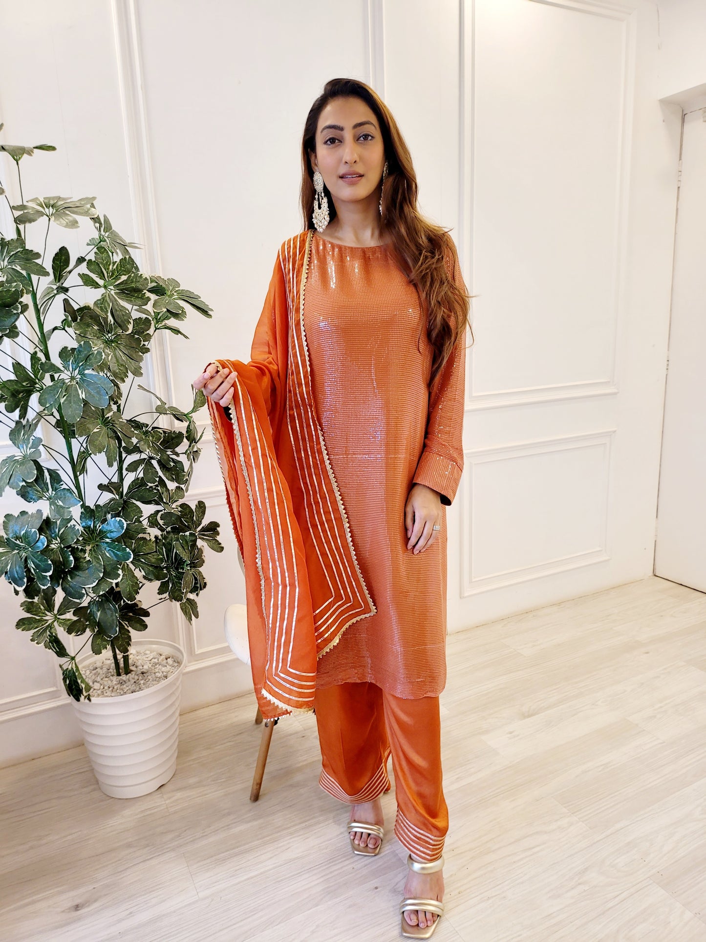 Long Sequence kurti with pants and organza silk dupattah with gotta work
