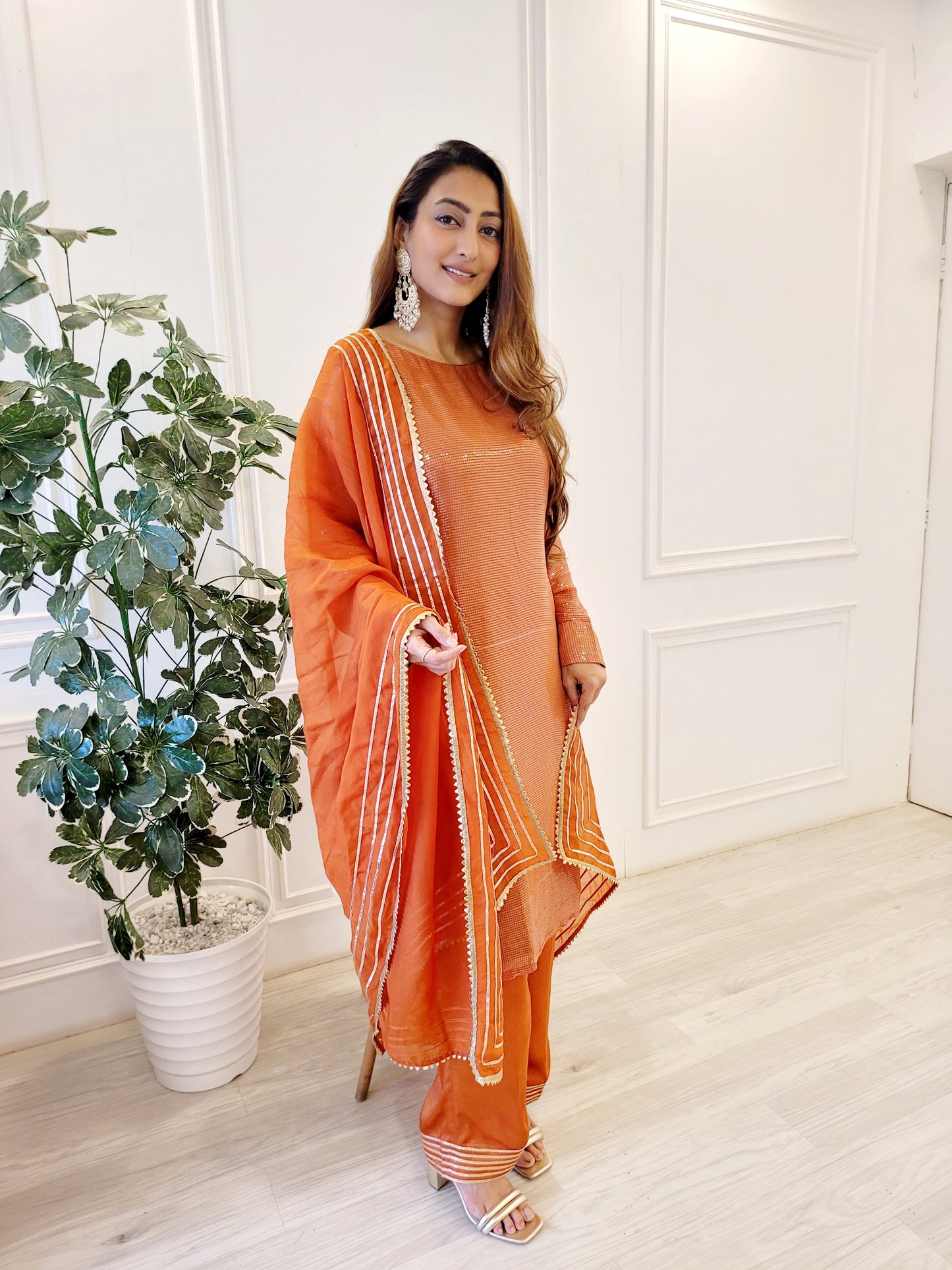 Long Sequence kurti with pants and organza silk dupattah with gotta work