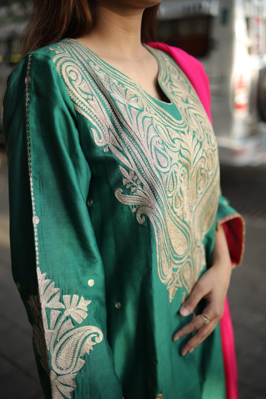kurta with aari work brocade salwar and organza dupatta