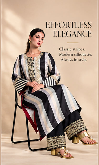 Black & Off-White Striped Crepe Silk Kurta Set with Gold Aari Work