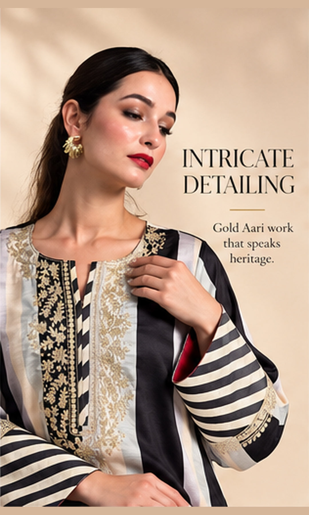 Black & Off-White Striped Crepe Silk Kurta Set with Gold Aari Work