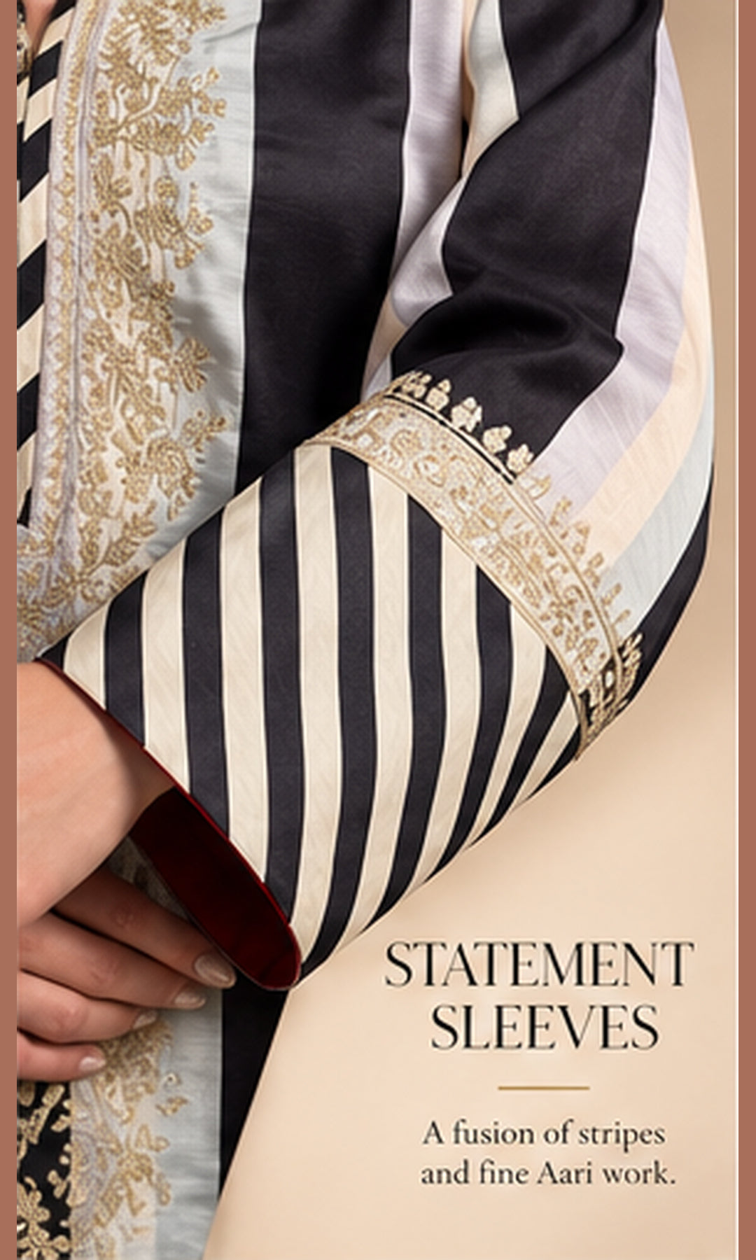 Black & Off-White Striped Crepe Silk Kurta Set with Gold Aari Work