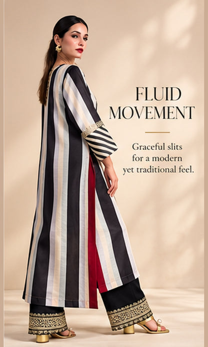 Black & Off-White Striped Crepe Silk Kurta Set with Gold Aari Work