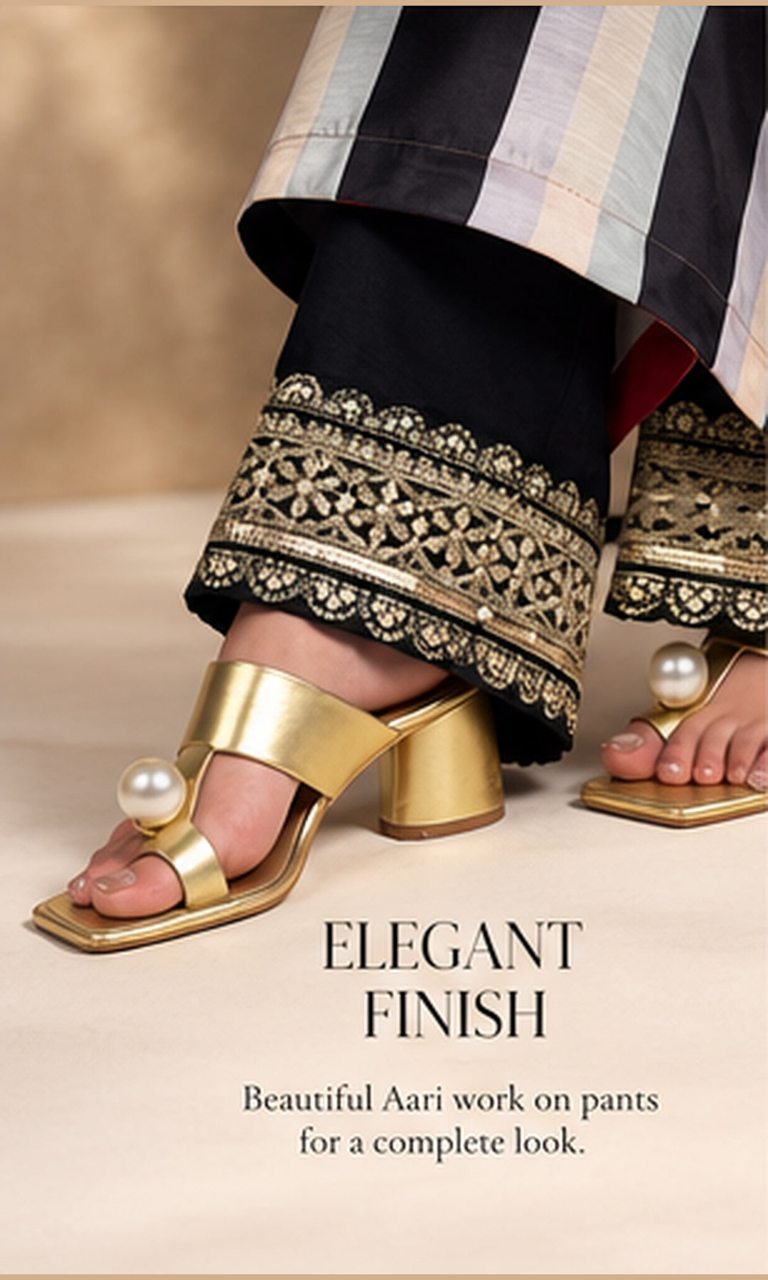 Black & Off-White Striped Crepe Silk Kurta Set with Gold Aari Work