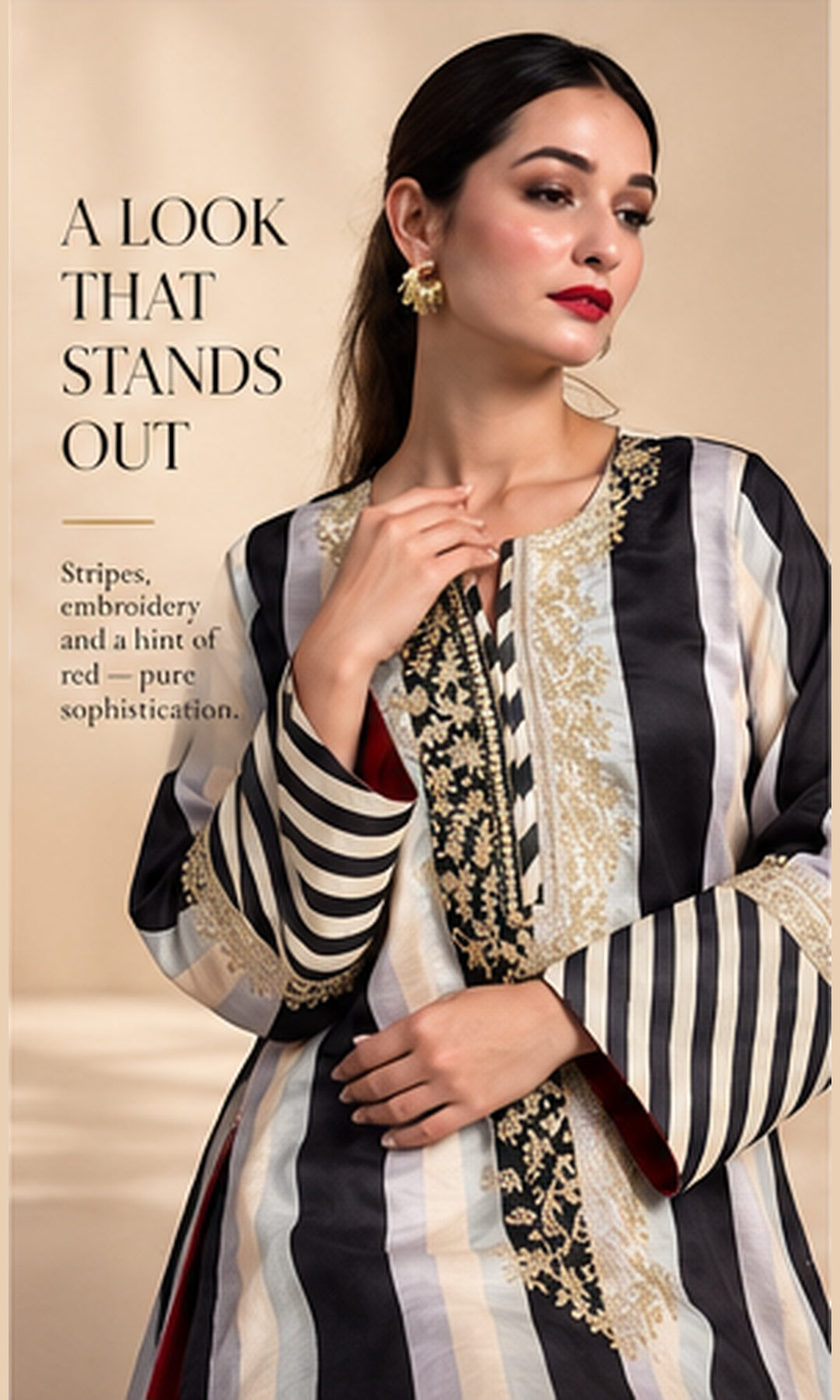 Black & Off-White Striped Crepe Silk Kurta Set with Gold Aari Work